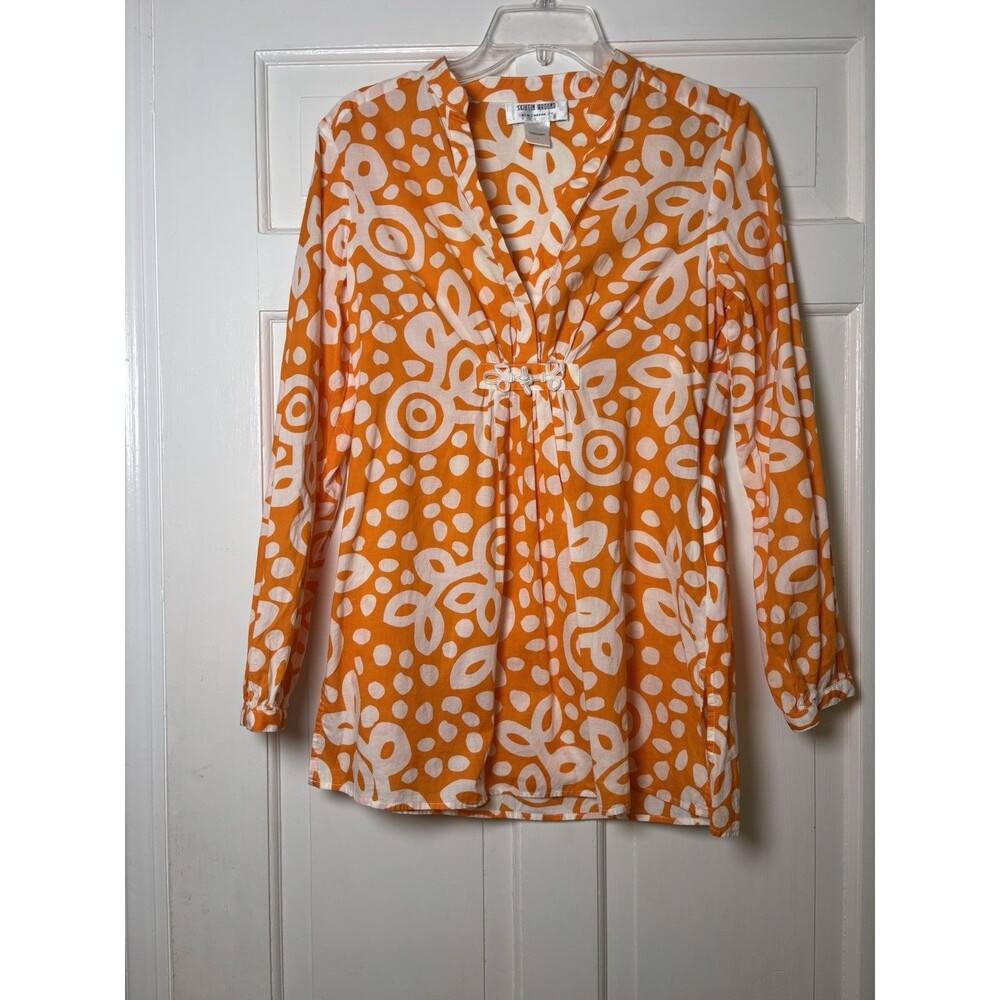 Skirtin Around Orange & White Swirl Print Button-Up Blouse, Women's Size 4